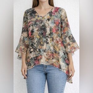 Dor Dor Couture Multicolor Abstract Sheer Mesh Hankerchief Hem Long Bell SleeveM